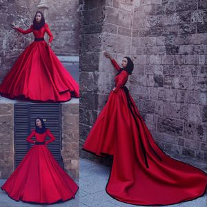 Rode lange mouwen partij baljurk satijnen kapel trein prom jurken juweeltje sjerp rits terug moslim avondjurken formele rode loper jurk