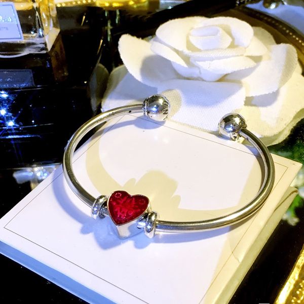 Red Love Heart Charm Bangle Bracelet Conjunto con caja original para Pandora Authentic Sterling Silver Wedding Designer Jewelry for Women Girls Charms Bracelets