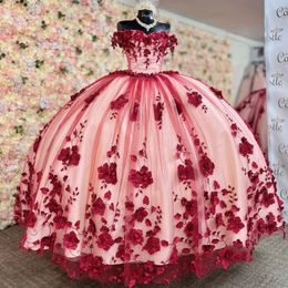Rouge luxueux 3D fleur appliques dentelle perles Prince mexicains doux 16 anniversaire robes de Quinceanera vestidos de 15