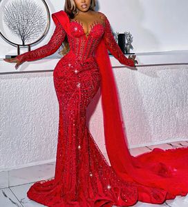 Sirena de lujo roja Vestidos de baile Mangas largas Cuello en V Encaje 3D Apliques sexy Lentejuelas brillantes Con cuentas Longitud del piso Tren de celebridades Vestidos de noche Tallas grandes por encargo