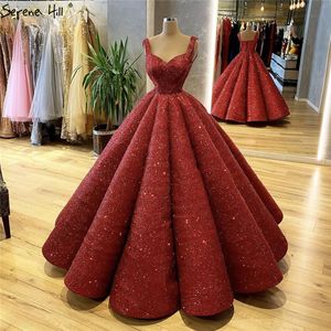 Rouge luxe princesse Sexy robes de mariée 2020 sans manches à lacets étincelle robes de mariée Serene Hill HM66591 sur mesure