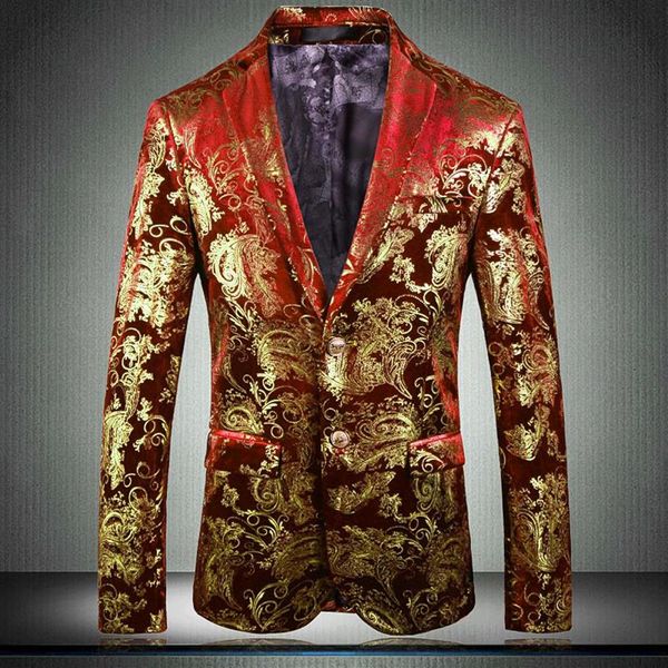 Blazer rouge pour homme, de haute qualité, imprimé or, simple boutonnage, pour bal de promo, grande taille 5xl, coupe cintrée, costumes de mariage pour hommes, 284c