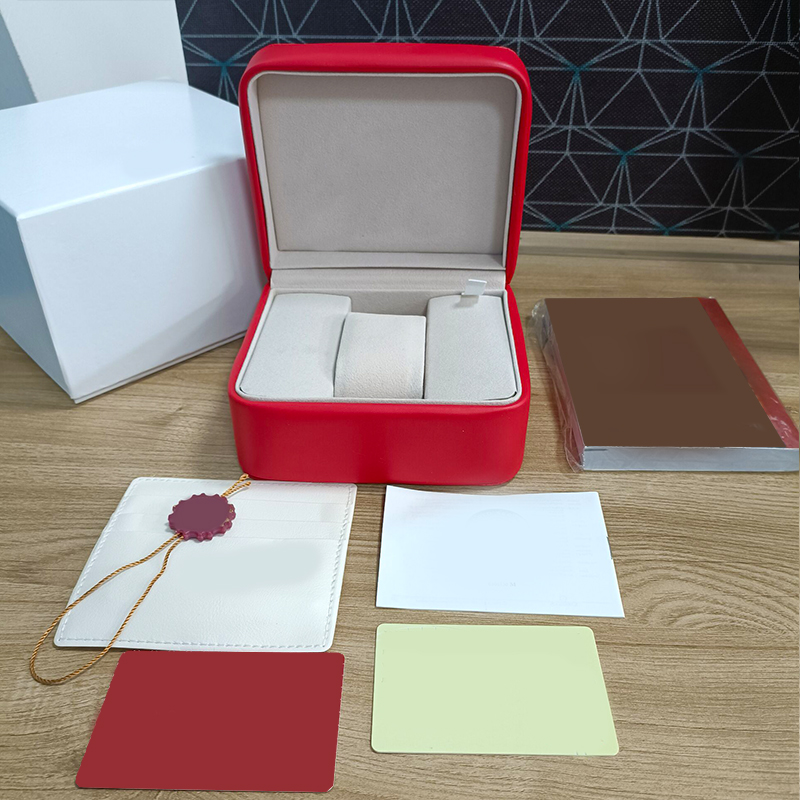 Röd herrklockor box Fodral fyrkantigt läder material manual certifikat kort damklocka presentask Original armbandsur Tillbehör