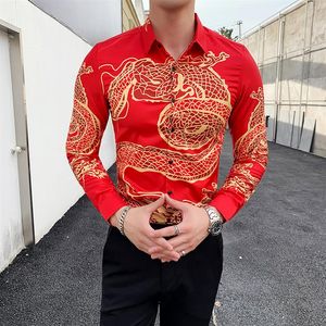 Rode Heren Overhemd Hoge Kwaliteit Lange Mouw Heren Casual Shirts China Dragon Print Slim Fit Heren Overhemden Nachtclub Party Tuxedo326m