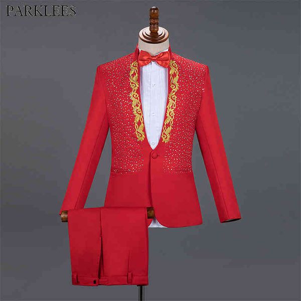 Costumes pour hommes rouges pour mariage Gold Broded Diamond Groom Costume Costumes pour hommes 2 pièces Party Prom Hommes Tuxedo Hommes Costume Set Masculino 210524