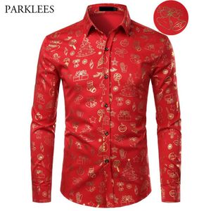 Camisa roja de Navidad para hombre Casual Slim Fit Regalo de Navidad Imprimir Camisas de vestir para hombre Manga larga con botones Chemise Homme Blusas superiores XL LJ306M