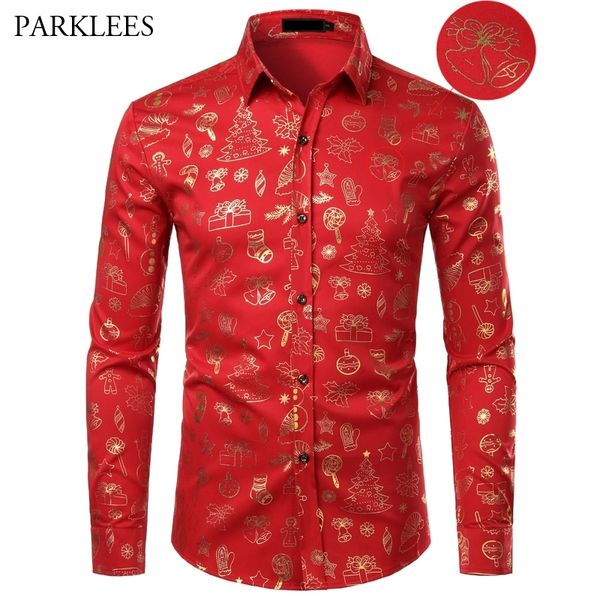 Rouge Hommes Chemise De Noël Casual Slim Fit Cadeau De Noël Imprimer Hommes Robe Chemises À Manches Longues Boutonné Chemise Homme Top Blouses XL Y200408