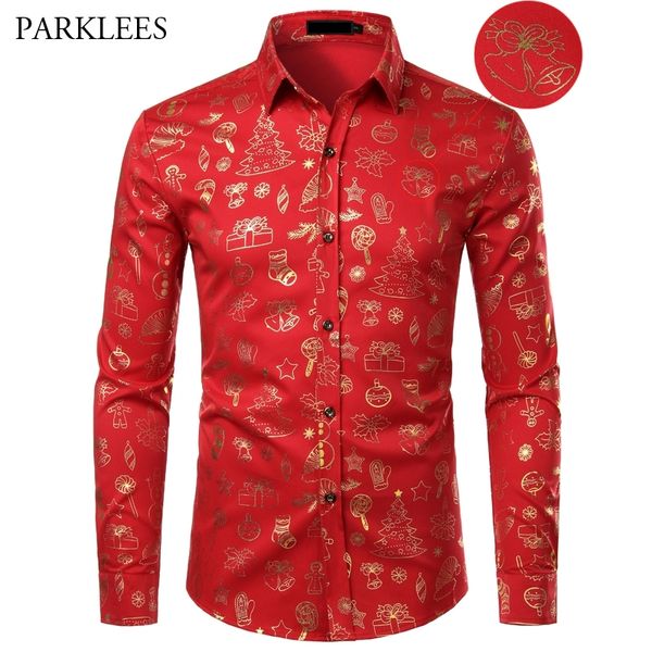 Chemise de Noël pour hommes rouges Casual Slim Fit Cadeau de Noël Imprimer Chemises habillées pour hommes Chemise à manches longues Chemise Homme Top Blouses XL 201120