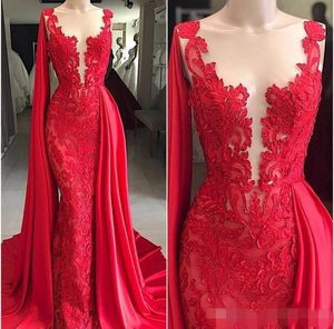 Red Mermaid 2020 Avondjurken Lace Applique kralen pure plunging v nek mouwloze sweep trein prom feestjurk formele ocn slijtage