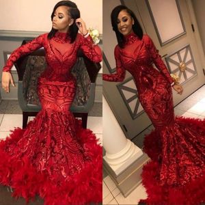 Red zeemeermin Afrikaanse prom -jurken 2020 Vintage veer lange mouw vloer lengte lovertjes met hoge nek formele avondjurk feestjurken 276y