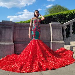 Red Mermaid Appliqued Evening Jurken Lover PROM -jurken Strapless halslijn Satin Sweep Train Ruffled Formal Dress 415