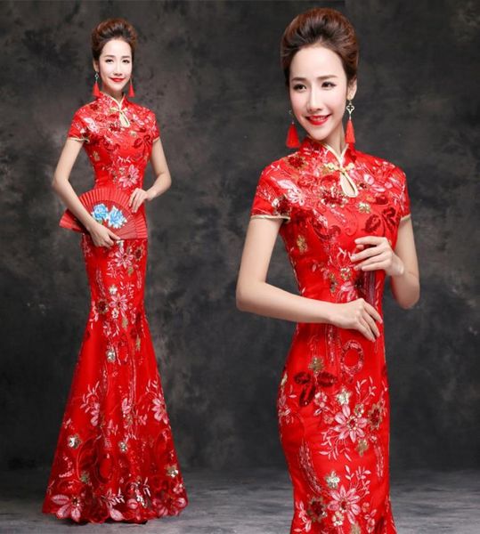 Rojo sirena novia Cheongsam largo tradicional Qipao vestido de noche chino vestidos de fiesta de boda oriental bordado lentejuelas Robe1821047