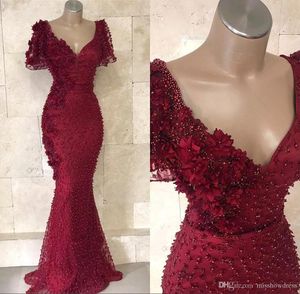 Red Mermaid Donkere avondjurken Nieuwe korte mouwen V Hals Ven Lace kralen Parels Arabisch Lang feest Promjurken Robe de mariiee Modest