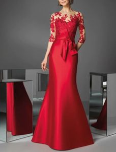 Red zeemeermin avondjurk halve mouw illusie nek satijnen kanten appliques prom formal jurken elegante gewaden de soiree vestidos de fieast 2023
