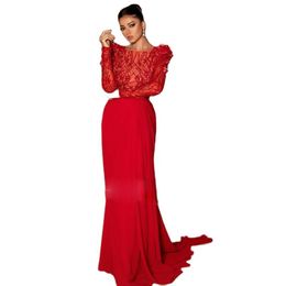 Robe De soirée sirène rouge, effet d'illusion de perles, robe formelle avec manches longues, traîne De balayage, pour femmes, Gala 326 326