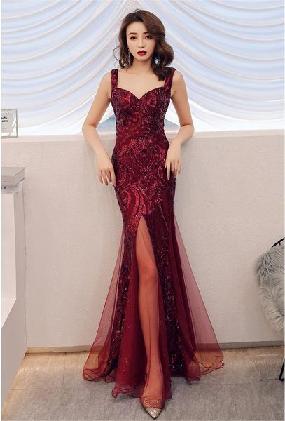 Robes de soirée sirène rouge paillettes fronde longue mariée d'été formelle robes de soirée de bal robe de célébrité