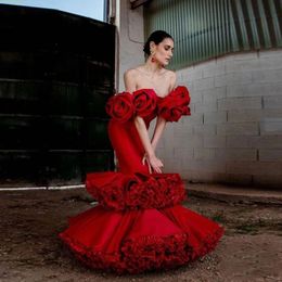 Rode Zeemeermin Flamenco Galajurken Gelaagde Tutu Formele Avondjurken Handgemaakte Bloemen Dans Jurk voor speciale gelegenheden Voor Dames Tot de grond Chic Mode Avondkleding 2024