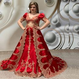 Sirène rouge robes de soirée arabes marocaines train détachable Abaya Caftan robe de célébrité col en V à manches courtes robes turques De Novia 326 326