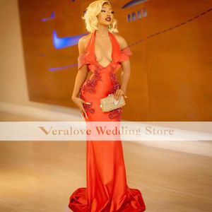 Red Mermaid Prom -jurk voor zwart meisje satijn Afrikaanse vrouwen Pageant avondfeestjurken Halter Vestido de Graduacion