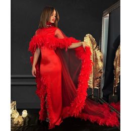 Robe De bal sirène rouge, col haut, plumes, châle, mode, Sexy, robes De fête d'anniversaire, robes De soirée élégantes