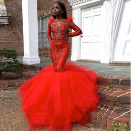 Rode Mermaid Prom Dresses 2020 Lange Mouw Sequin Applique Afrikaanse Black Girls Avondjurk Tulle Sweep Trein Partyjurken