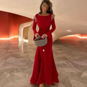 Sirène rouge robes de bal à manches longues Cowl dos avec perle forme de soirée de soirée de soirée satin vestido de fiesta 415