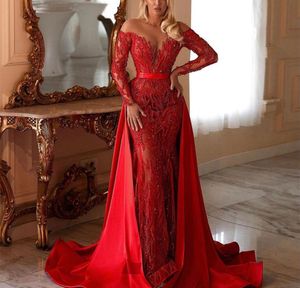 Red Mermaid Prom jurken lange mouwen v nek parel kanten applices pailletten kralen vloer lengte beroemde satijn afneembare trein avondjurken plus maat op maat gemaakt