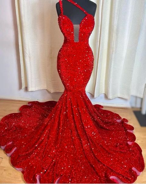 Robe de bal sirène rouge, asymétrique épaule dénudée, en velours, à paillettes, grande taille, longue traîne, robe de fête d'anniversaire pour femmes, 2024