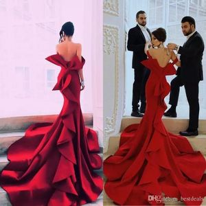 Rode zeemeermin prom jurken sexy off shoulder portret grote boog rits backless celebrity feestjurken Dubai satijn kapel trein avondjurken