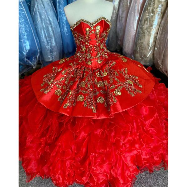 Rouge Mexicain Quinceanera Robes Doux 16 Fille Or Broderie Chérie Robe De Bal Anniversaire Robe De Bal Robes De 15 Años