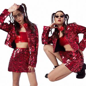 Miroirs rouges Costumes Paillettes Laser Manteau Jupes Femmes Groupe Jazz Danse Vêtements Bar Discothèque Dj Ds Stage Rave Outfit XS5297 x5ju #