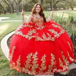 Red Off épaule quinceanera robe de bal robe en or applique dentelle Tull princesse robe douce 16 ans robe de fête vestidos de quinceanera