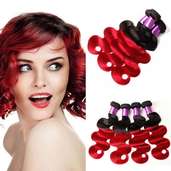 Deux tons Ombre brésilienne vierge cheveux armure colorée 1B/rouge cheveux brésiliens 4 paquets pas cher Ombre vague de corps Extensions de cheveux humains