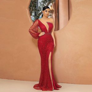 Red One Shoulder Single Long Mouw Avondjurken Split Glitter Sexy Mermaid Prom-jurken Vloerlengte Formele Jurk