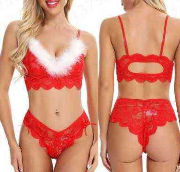 Perspectiva roja encaje tres puntos Navidad vestido Cosplay bordado liga tentación sexy ropa interior 211203