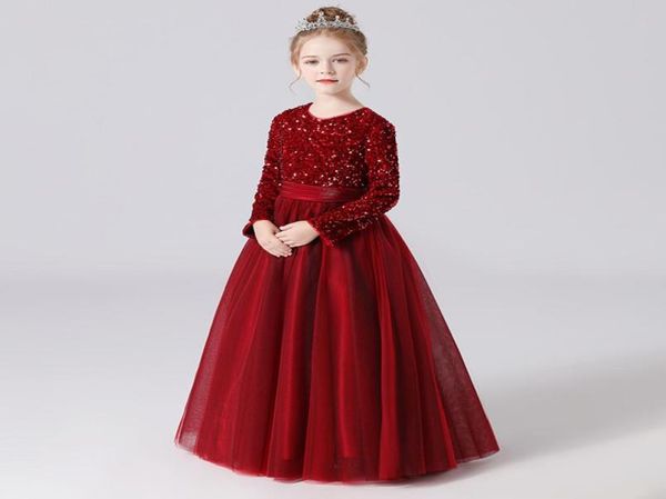 Rouge rose hiver paillettes à manches longues fille robe de soirée enfants robe pour filles enfants vêtements velours princesse robes de mariée Costum4539383