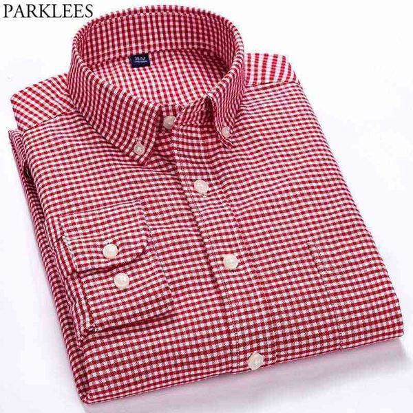 Chemise Oxford à carreaux rouges pour hommes Printemps Slim Fit Chemises à manches longues Hommes Coton Casual Bouton Down Chemise 210522