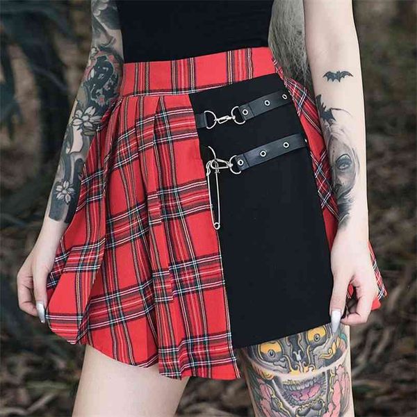 Red Plaid Patchwork Sexy Mini Jupe Dark Academia Style Punk Streetwear Dames Taille Haute Plissée Noir Asymétrique Goth 210604