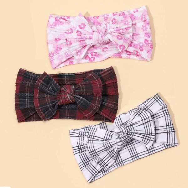 Turban en Nylon avec nœud papillon imprimé à carreaux rouges, couvre-chef pour nouveau-né, imprimé Floral, large bandeau pour bébés filles et enfants, bandeau à nœud élastique