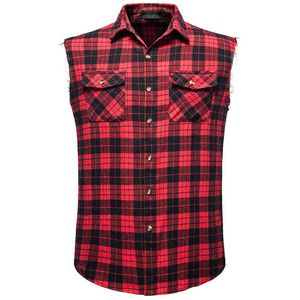 Camisas de tela escocesa roja para hombre, camisa informal sin mangas de marca de verano para hombre, Camisas de bolsillo de vaquero doble, chaleco transpirable de gran tamaño 210524