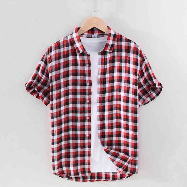 Camisa de manga corta a cuadros rojos para hombres 100% lino puro Casual Turn-down Collar Tops Summer New Male Button Up Shirt 210421