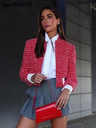 Rouge Plaid col montant femmes haut court manteau à manches longues simple boutonnage élégant dame veste automne Chic décontracté Streetwear 240219