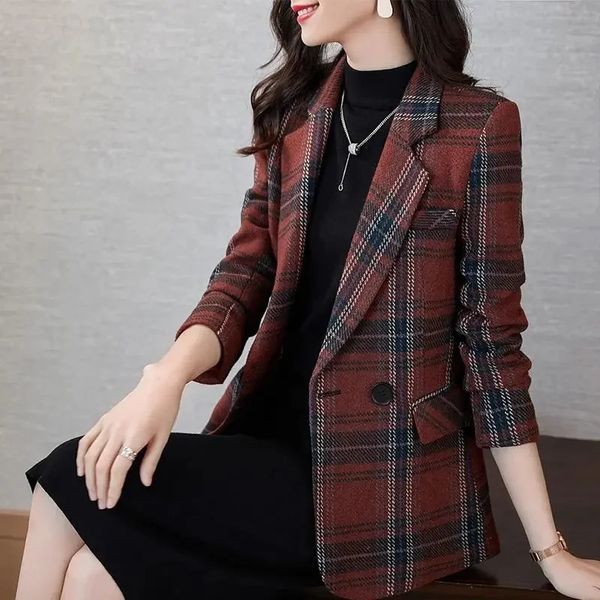 Veste de costume à carreaux rouge femme printemps automne décontracté Vintage laine petite dame élégante bureau Blazers vêtement d'extérieur pour femmes 240226