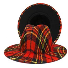 Red plaid met zwart patchwork Two Tone Faux Wol Filt Fedora hoeden vrouwen mannen plat riem panama jazz cap feest bruiloft formele hoed 240528