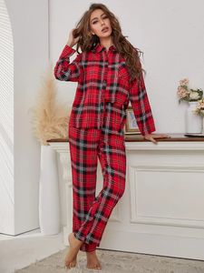 Rode geruite damespyjama 2 stuks nachtkleding tops broek herfst winter pijamas homewear kleding voorkant knop met borstzak 240110