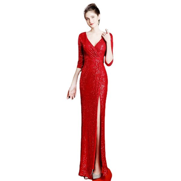 Vestido de noche ajustado de sirena de malla de lentejuelas rojo de talla grande con abertura lateral Formal para mujer vestidos de fiesta elegantes de manga corta