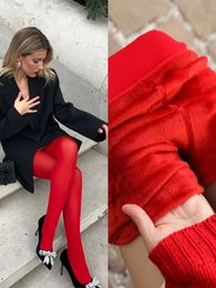 Leggings en peluche rouge pour femmes, collants épais, solides, assortis avec tout, pantalon élastique en velours de haute qualité, thermique, 240201, hiver