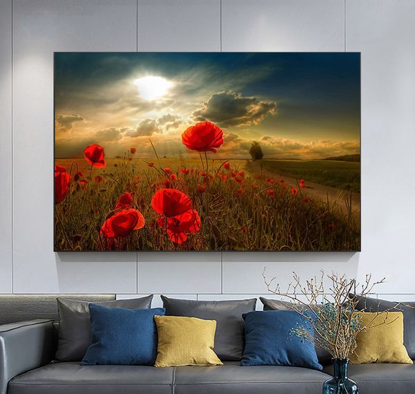 Coquelicots rouges toile peintures coucher de soleil toile affiches et impressions fleurs mur Art photos pour salon décoration