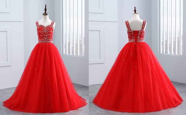 Robe de concours de filles de princesse rouge 2022 pas cher avec des bretelles à lacets dans le dos en cristal perlé en tulle perlé pas cher robes de première communion de filles de fleur