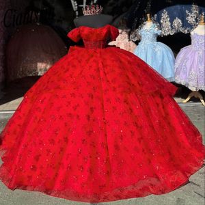 Robe princesse rouge de luxe Quinceanera, Corset à fleurs perlées, avec des appliques désossées, pour 15 ans, douce 16, Train de chapelle